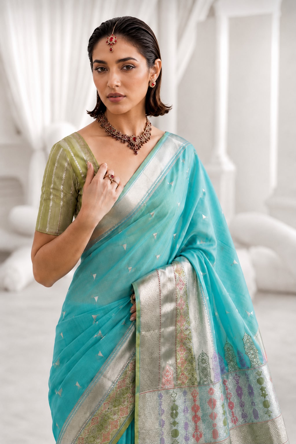 Sea Green Banarasi Organza Silk Sari — Meenakari Border & Floral Pallu