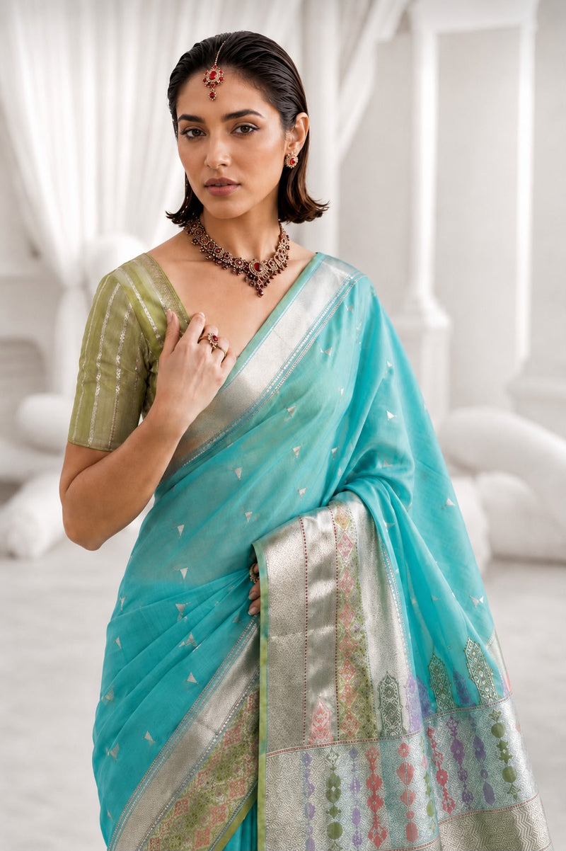 Sea Green Banarasi Organza Silk Sari — Meenakari Border & Floral Pallu