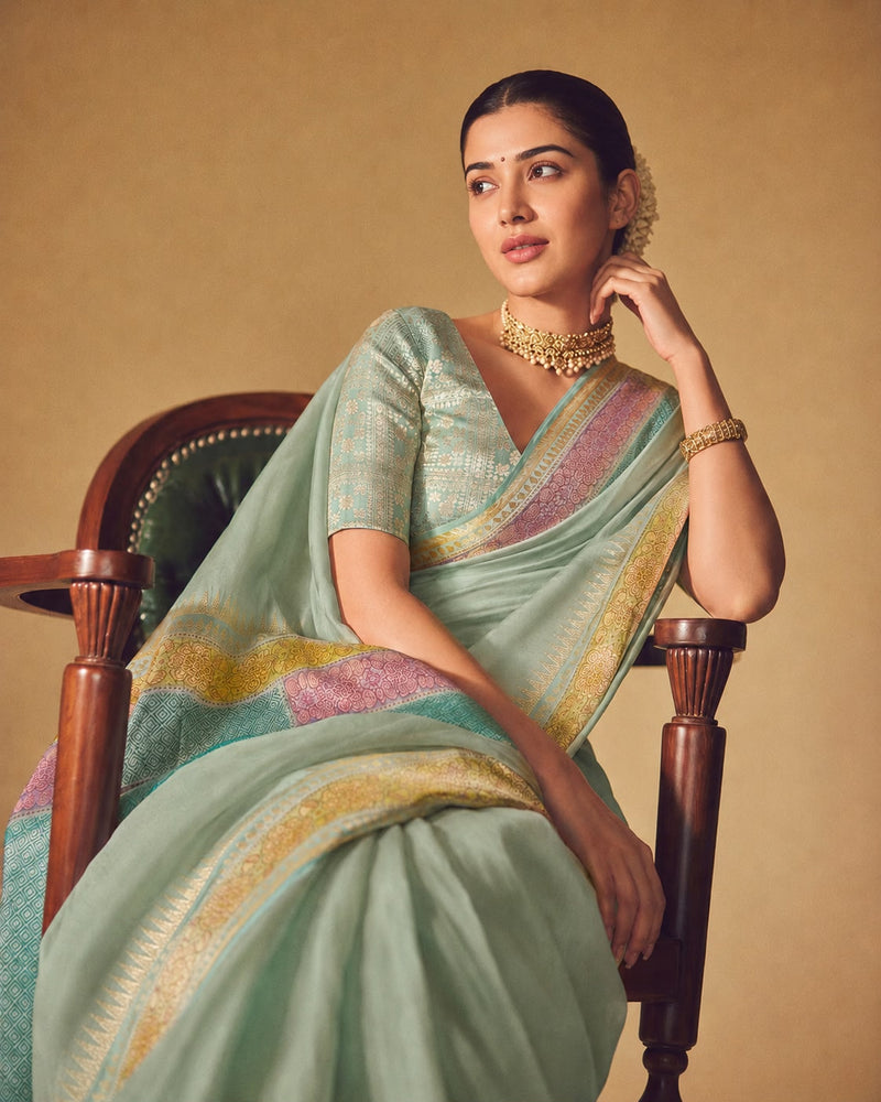 Pista Green Tussar Georgette Sari — Meenakari Border & Brocade Blouse