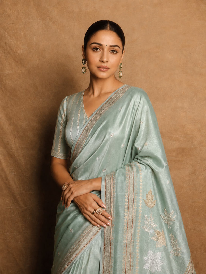 Sage Green Pure Silk Tissue Banarasi Handloom Sari — Kadhua Lotus Pallu