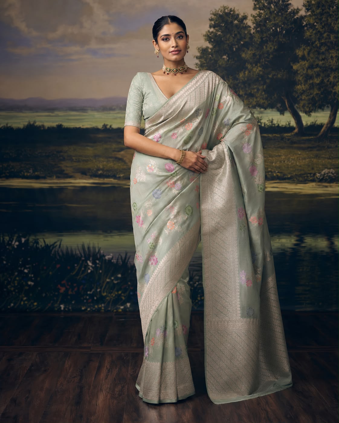 Sage Green Banarasi Katan Silk Sari with Multicolour Floral Meenakari Weave