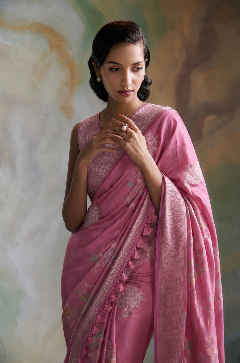 Rose Pink Banarasi Pure Silk Sari — Silver Zari Meenakari Butis