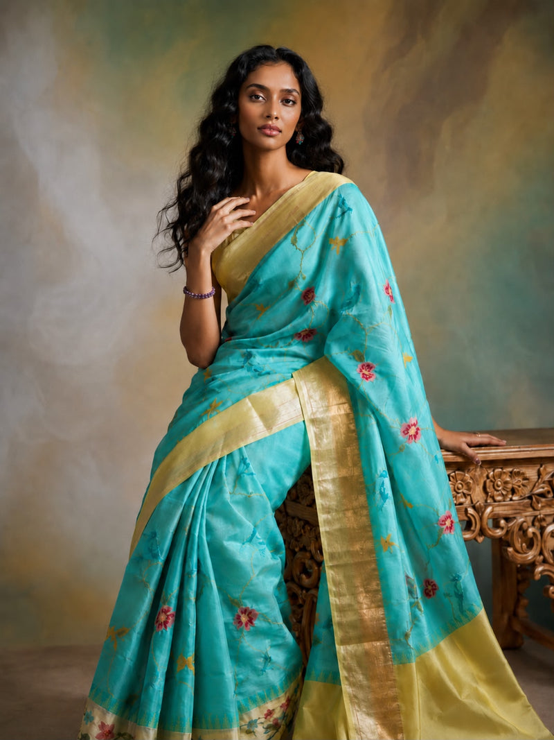 Sea Green Kanchipuram Silk Sari — Bird & Floral Jaal