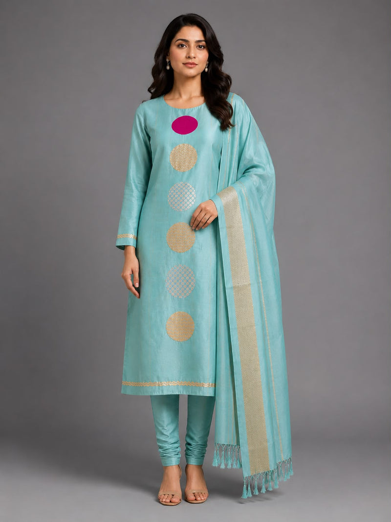 Aqua Silk Kurta Fabric with Graduated Circle Motif and Matching Dupatta