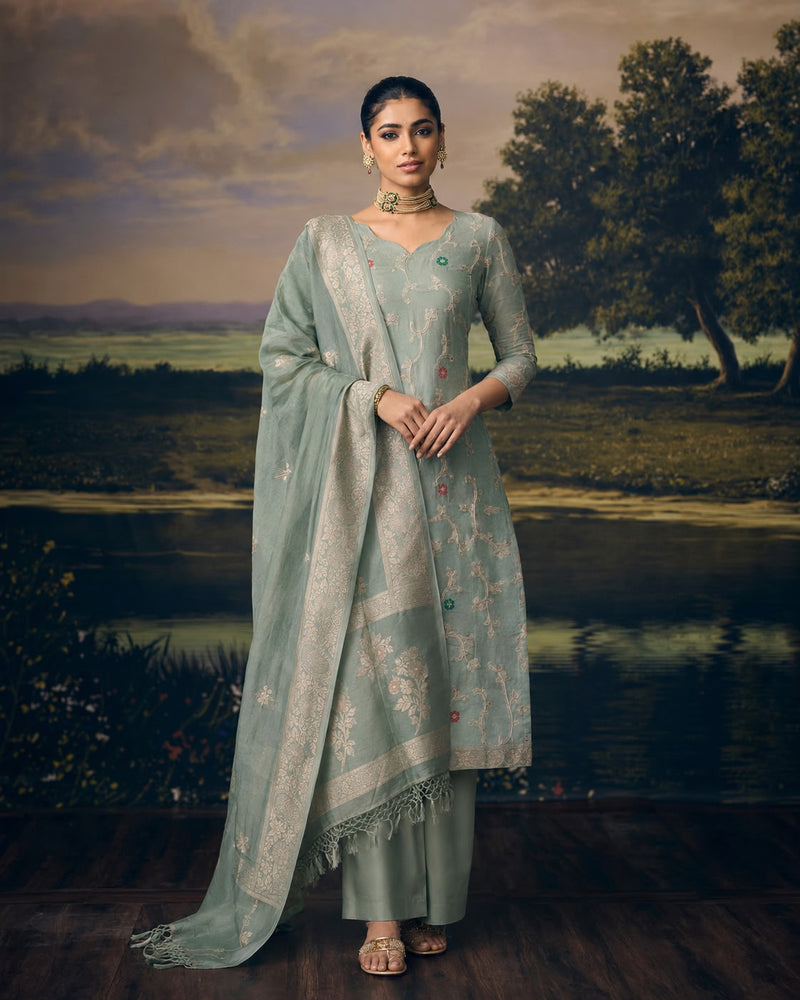 Sage Green Banarasi Cotton Suit Set — Gold Zari Jaal